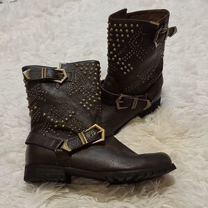 Modern Vice Brown Leather Goldtone Studded Moto Boots Size 7.5